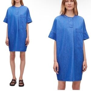 COS‎ Oversized Boxy Denim Blue Cotton Mini Dress with Pockets Size XS